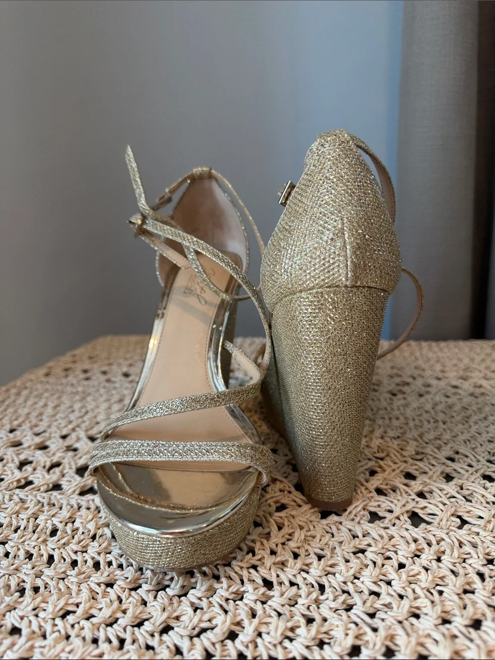 Badgley Mischka Metallic Gold Wedge Sandals with Ankle Strap